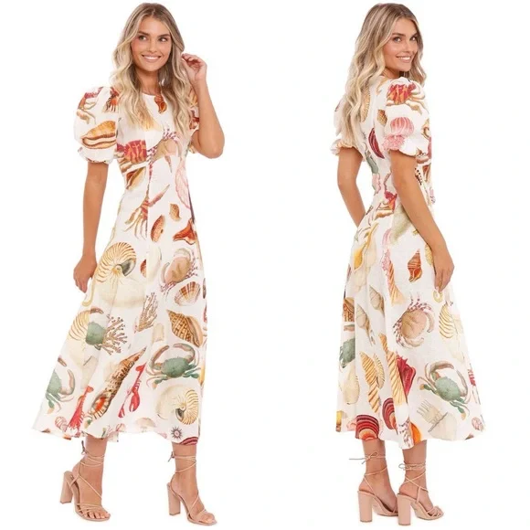 ALEMAIS Atlantic Linen Seashell Print Puff Sleeve Midi Dress NEW with tags - Picture 2 of 8